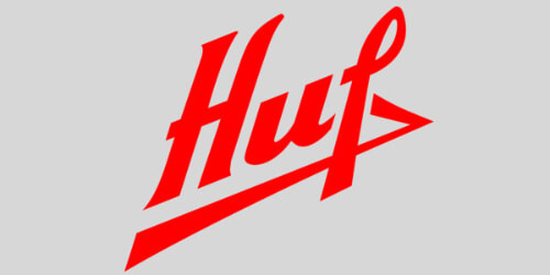 Huf logo in red script text on grey background automotive locking systems brand branding