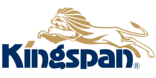 Kingspan logo with gold lion graphic and blue text insulation and building materials brand branding
