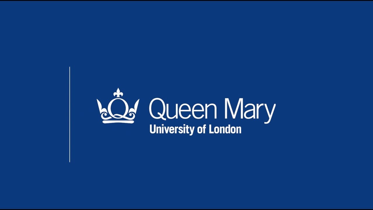 Queen Mary University of London logo on blue background with crown emblem and university branding text