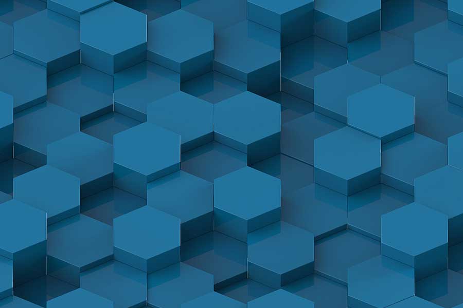 Abstract blue hexagonal geometric pattern background with 3D layered cube design for technology and engineering themes