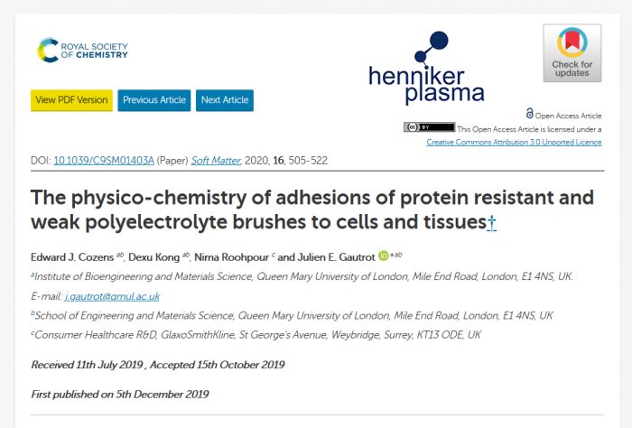Published study on plasma surface treatment for biomedical adhesion from Queen Mary University and GlaxoSmithKline, featured in Soft Matter by the Royal Society of Chemistry.